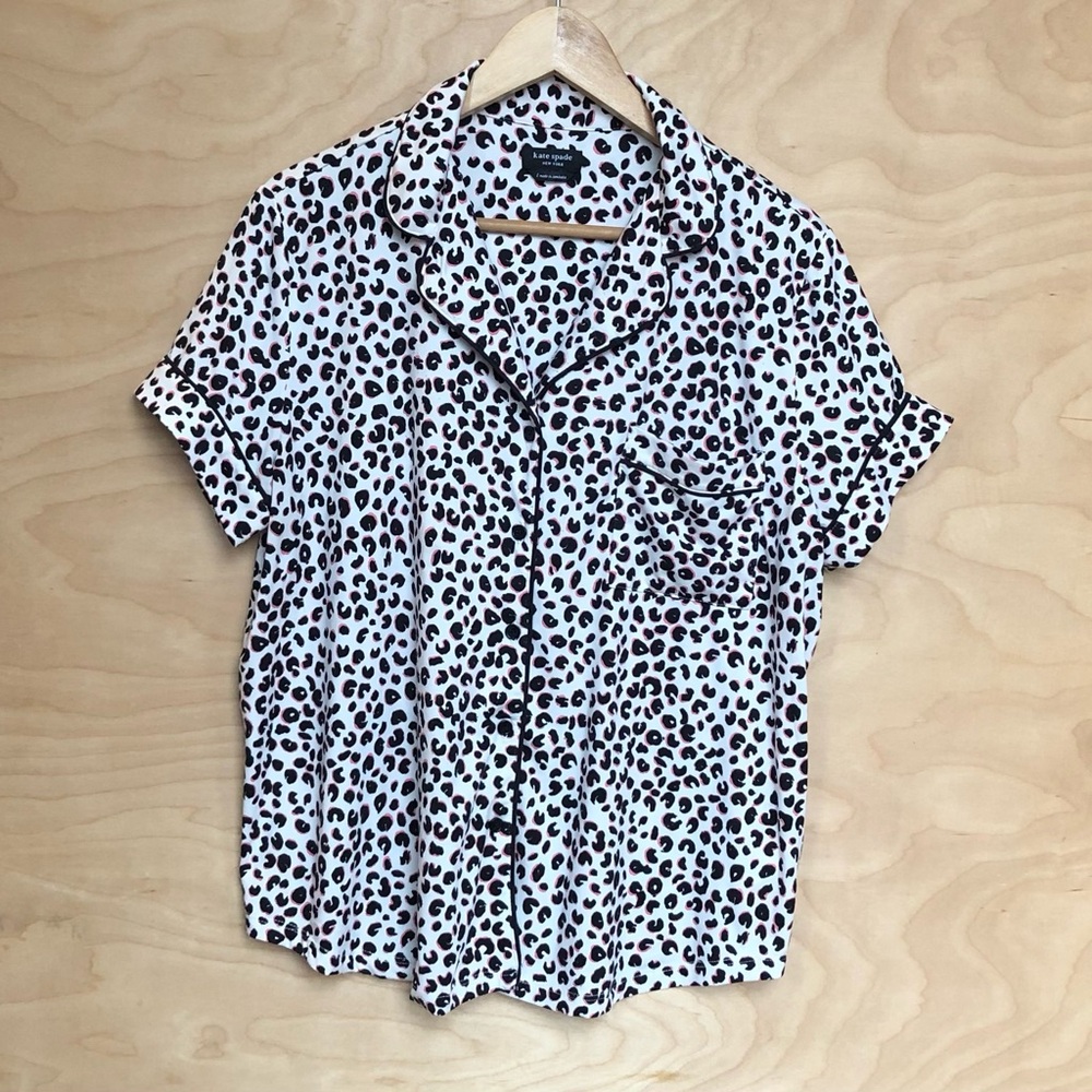 Kate Spade Sleepwear Pajama Top White Animal Print Buttoned Womens Sz M.